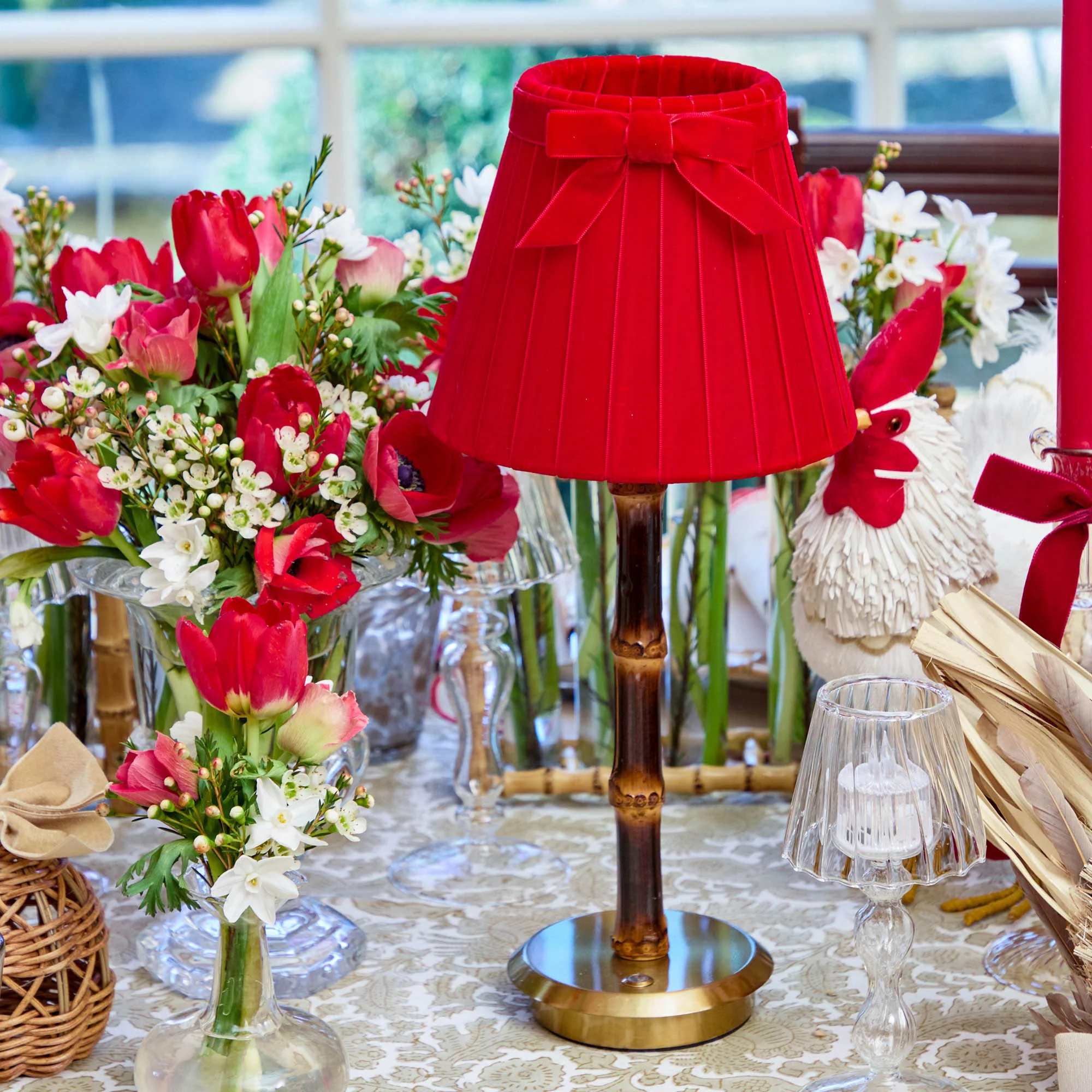 Burnt Bamboo Rechargeable Lamp with Red Velvet Bow Shade (18cm) - Image 3