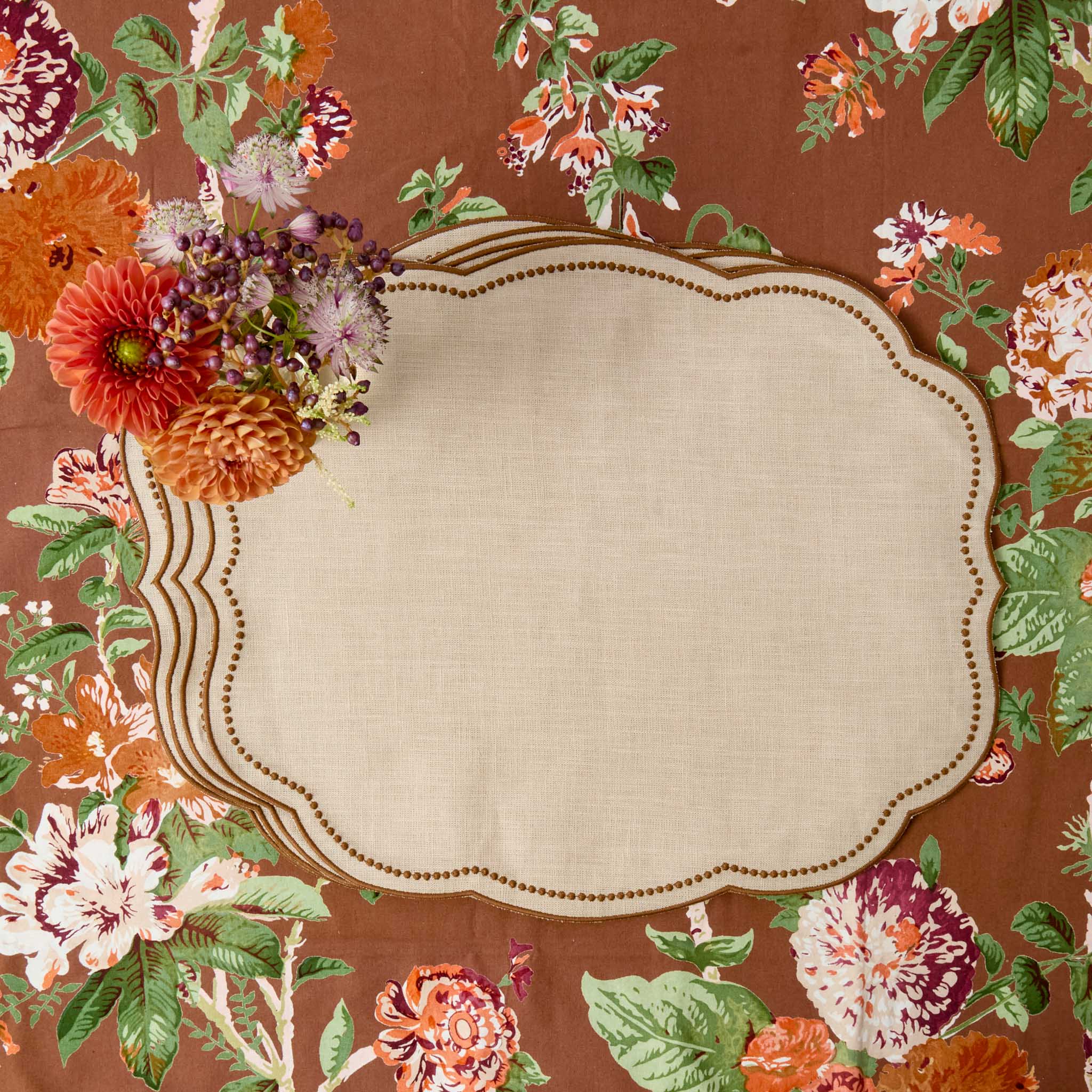 Taupe & Chocolate Eloise Linen Placemats & Turkey Napkins (Set of 4) - Image 5