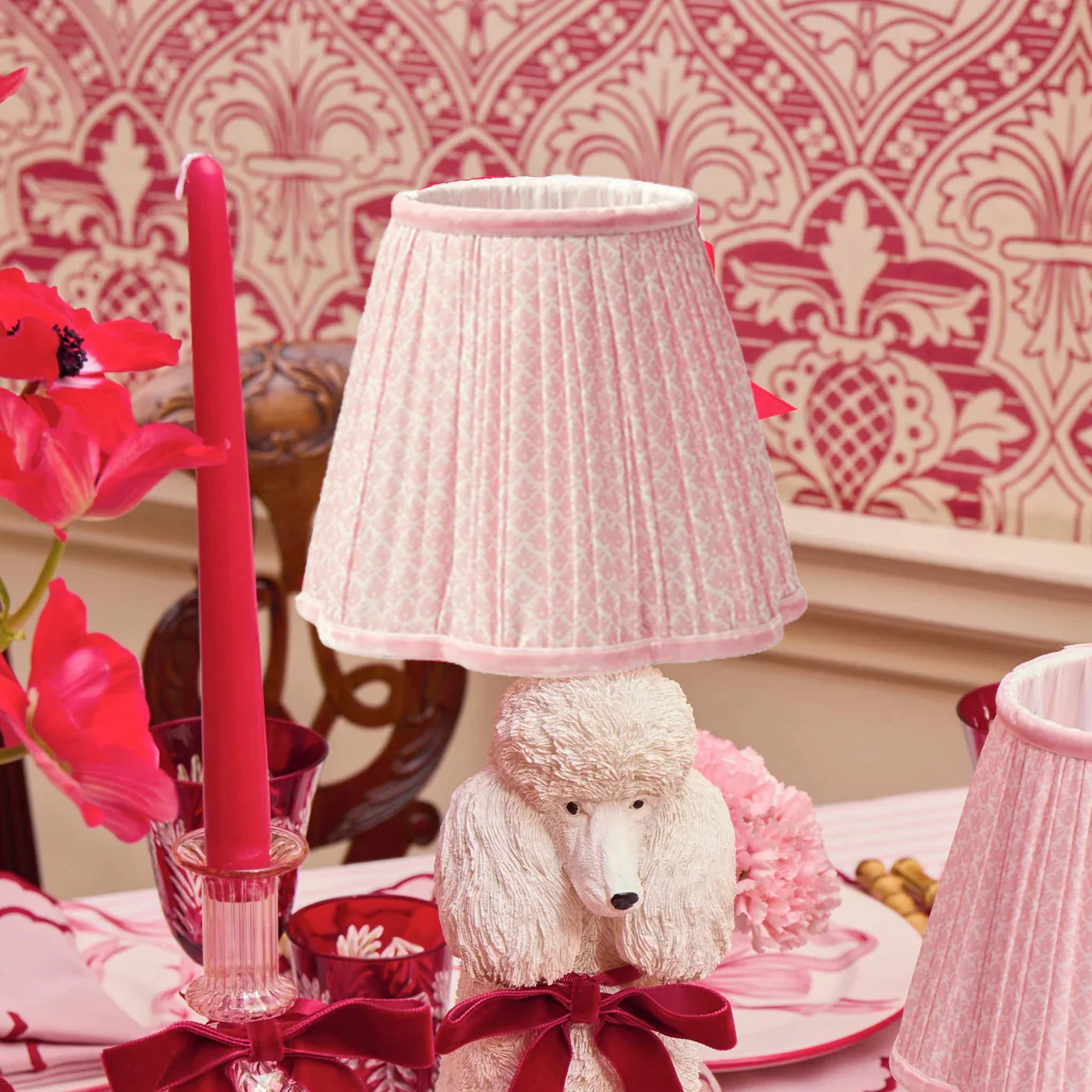 Red Ribboned Fifi Poodle Rechargeable Lamp with Pink Lotus Shade (18cm) - Image 5