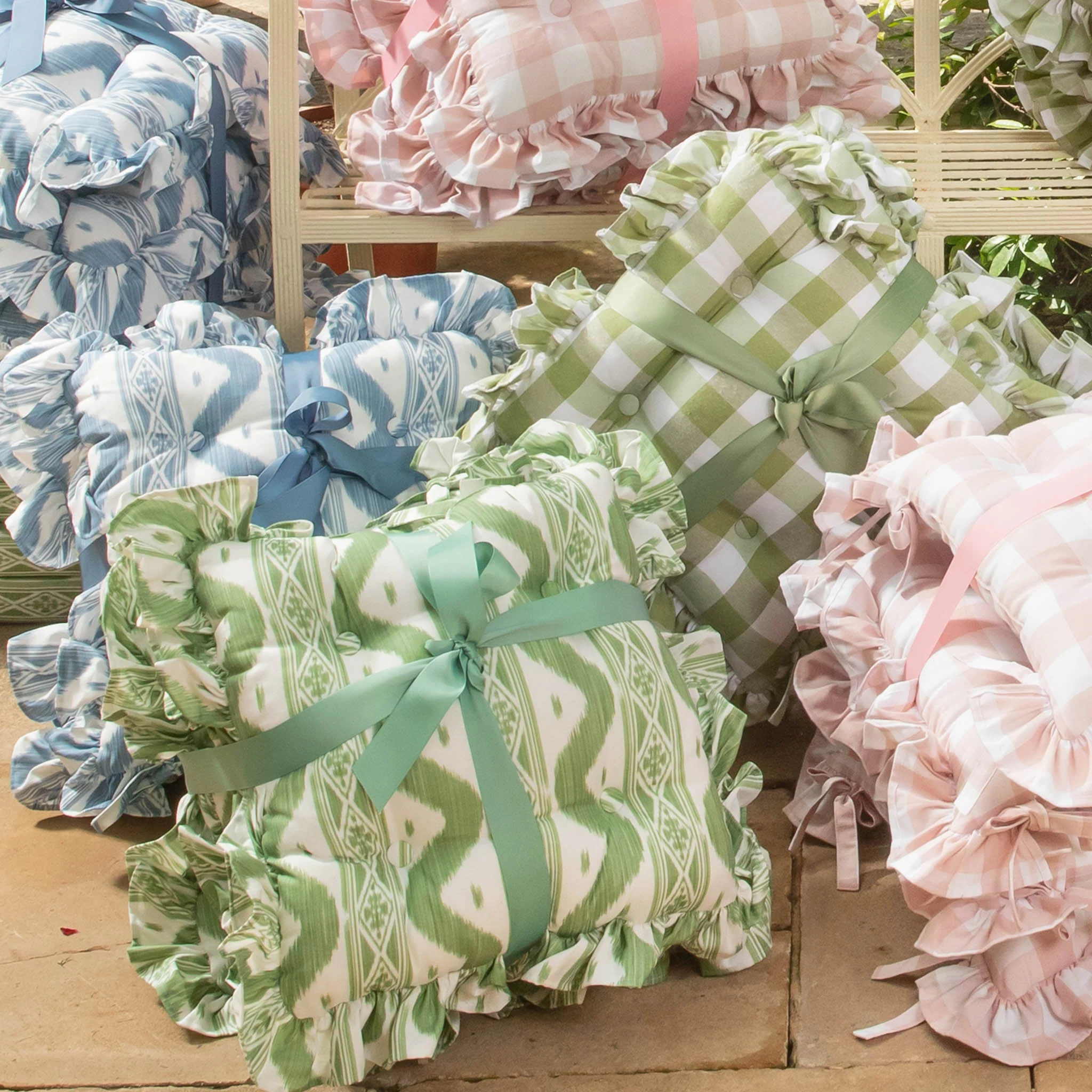 Frilled Green Ikat Seat Pad Cushion - Image 4