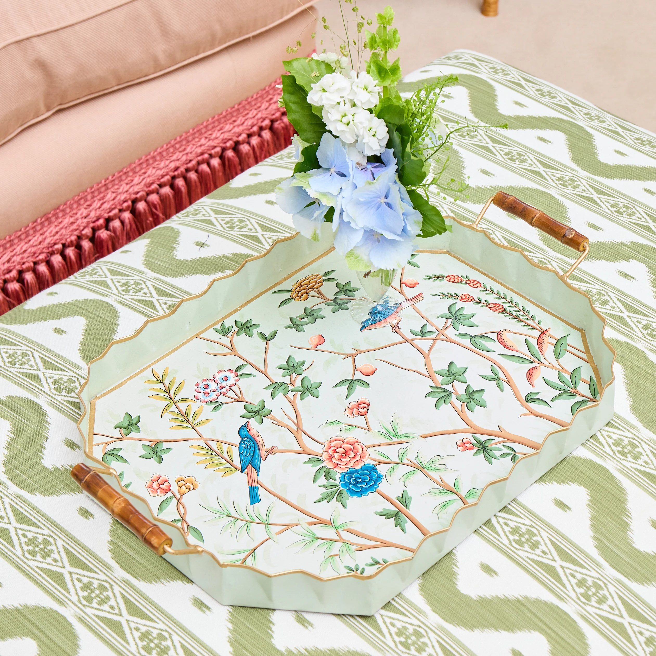 Green Chinoiserie Tole Tray with Handles - Image 2