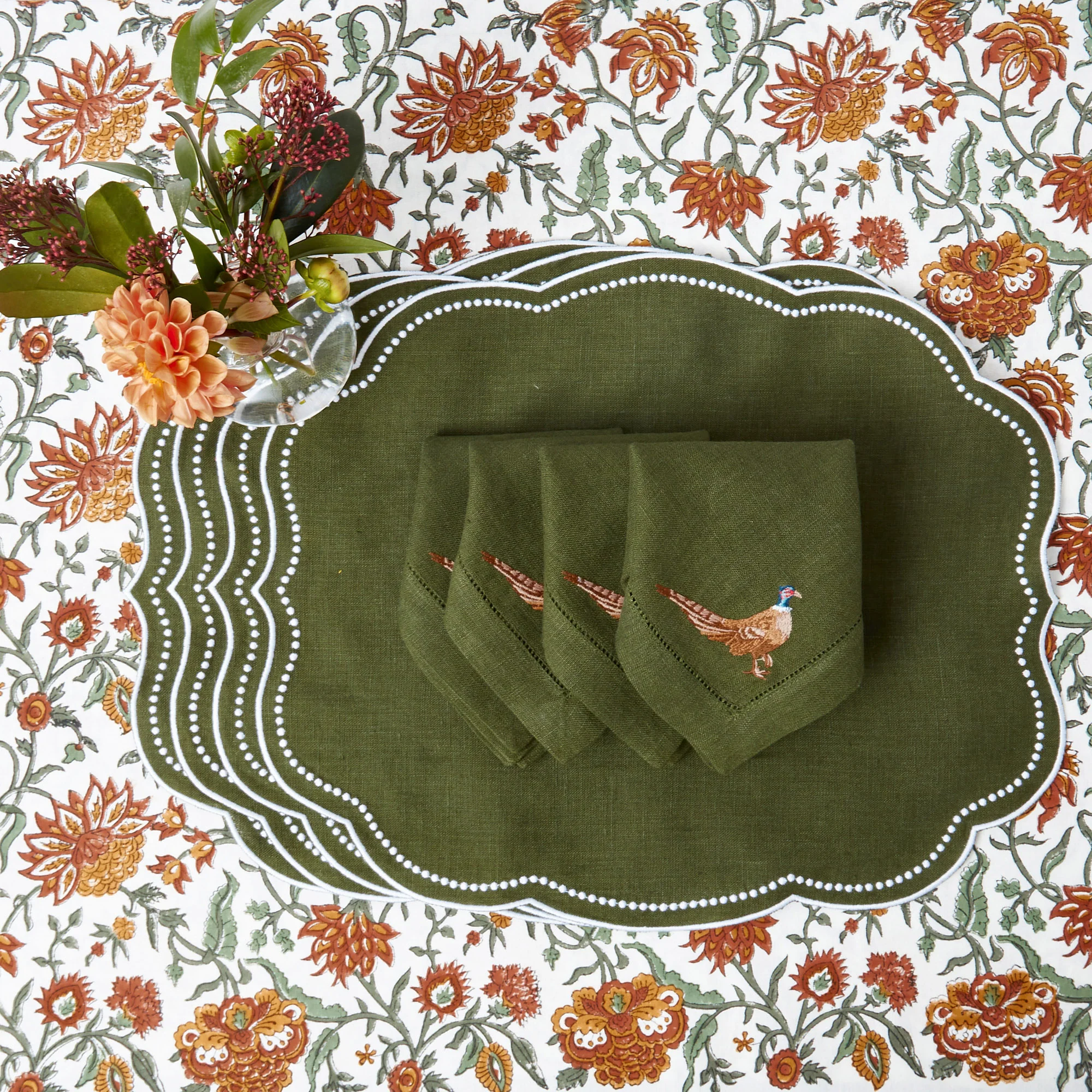 Forest Green Pheasant Linen Napkins (Set of 4) - Image 12