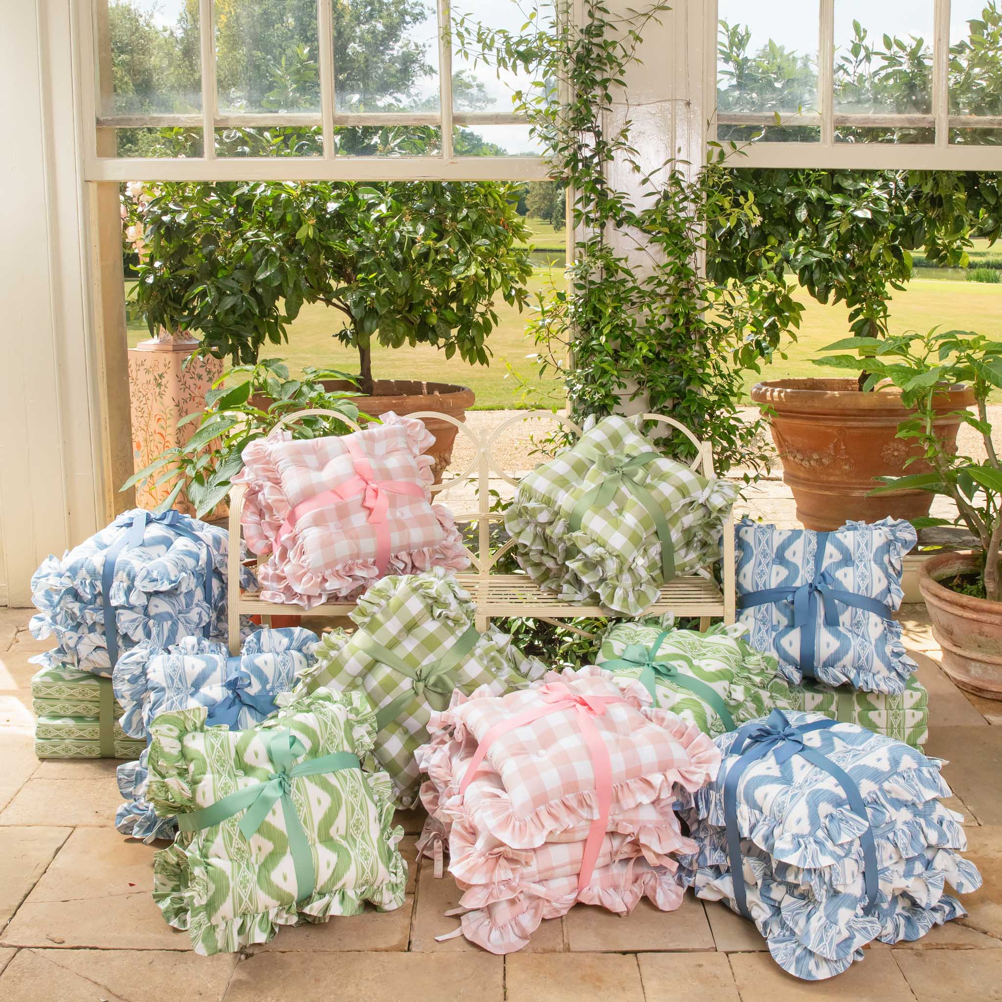 Frilled Green Ikat Seat Pad Cushion - Image 3