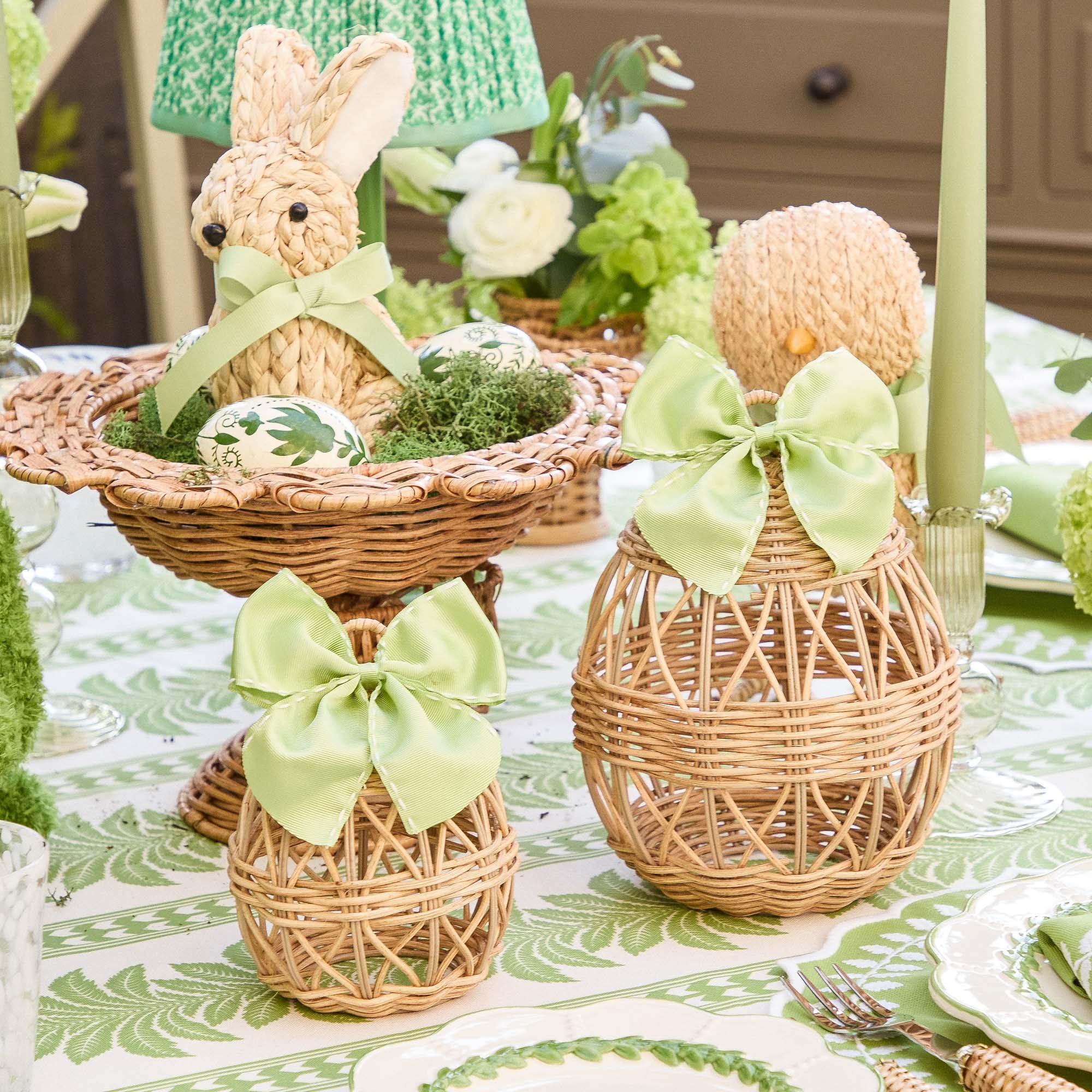 Small Rattan Woven Egg with Green Saddlestitch Bows (Pair) - Image 4