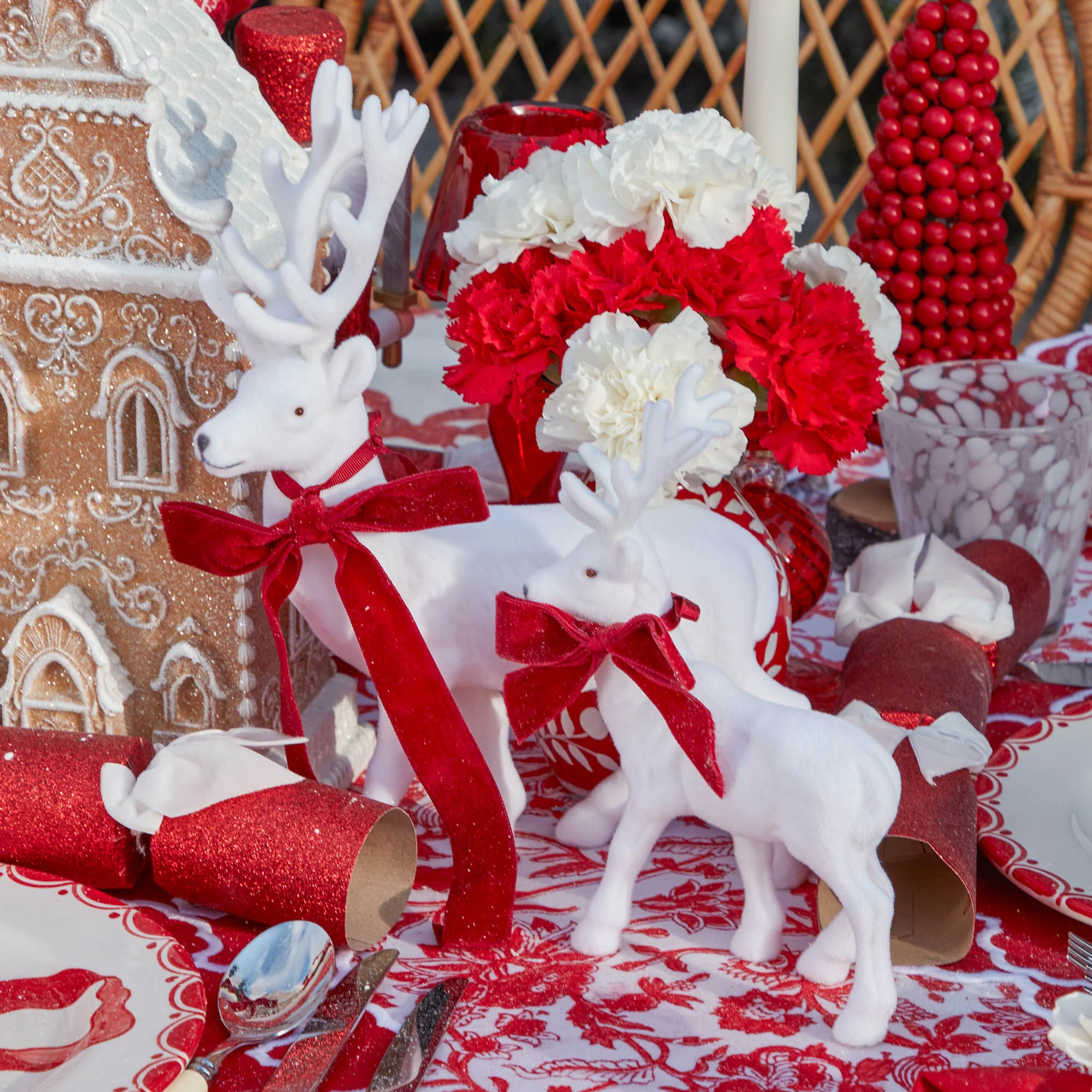 Small White Flocked Reindeer with Velvet Bows (Set of 4) - Image 5