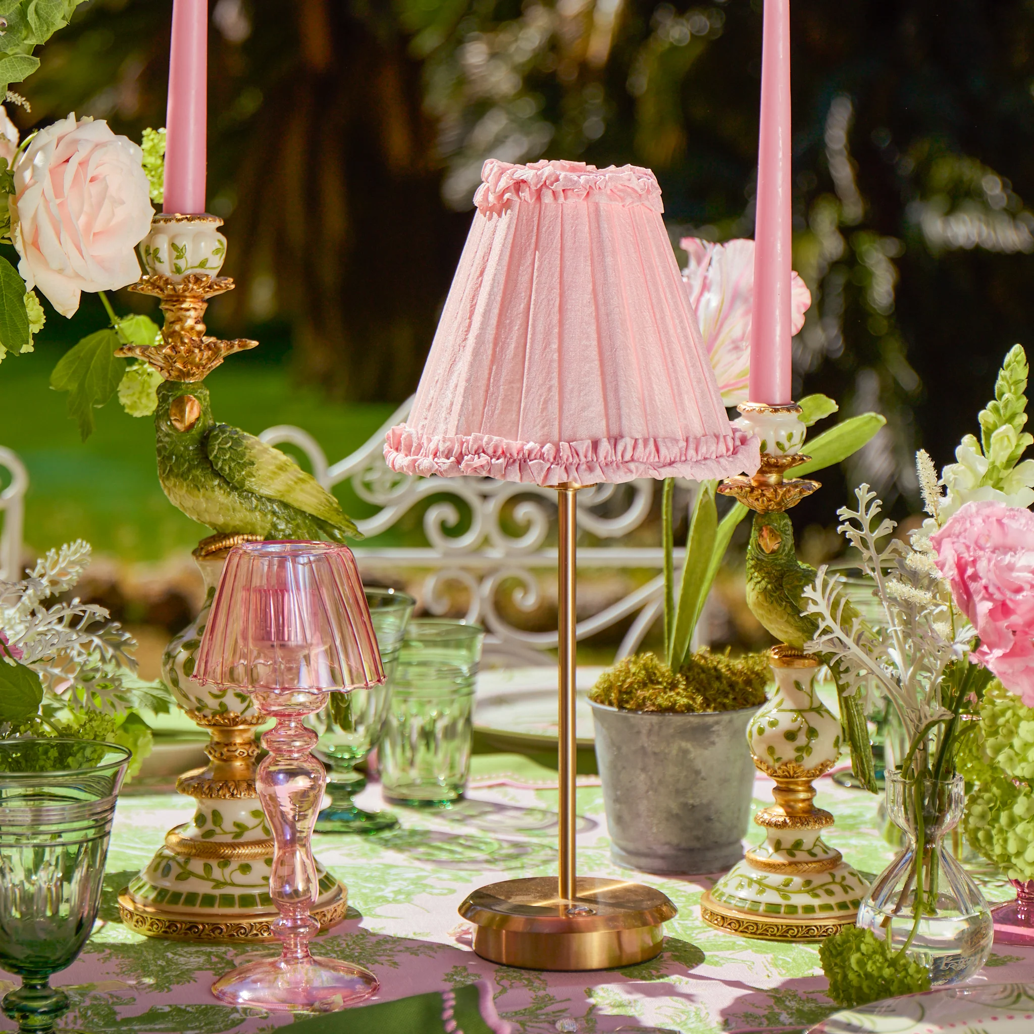 Tall Rechargeable Lamp with Pale Pink Frilled Silk Shade (18cm) - Image 3
