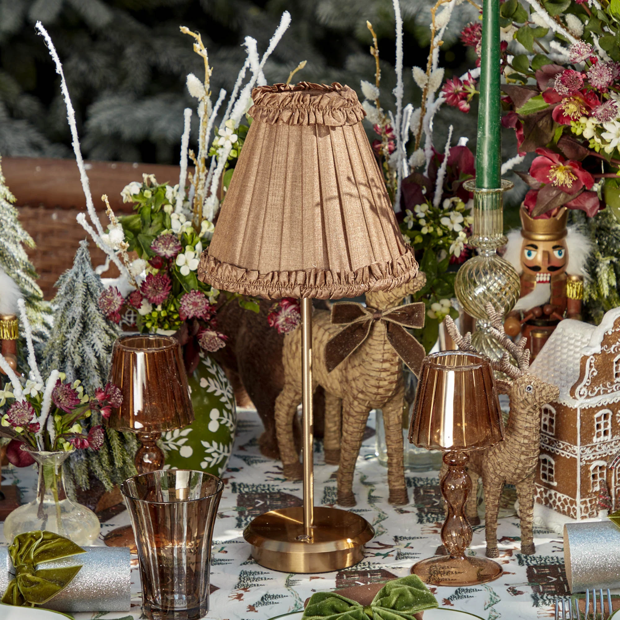 Tall Rechargeable Lamp with Brown Frilled Silk Shade (18cm) - Image 2